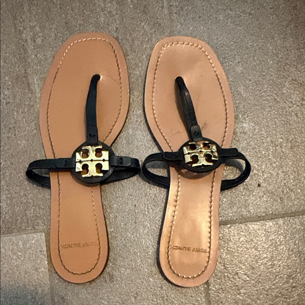 Tory Burch Black and Tan Sandals with Gold Accent